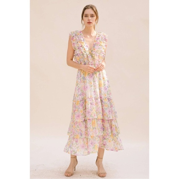Storia Dresses & Skirts - Storia womens medium 8 10 dress floral print ruffle maxi Lavender yellow white